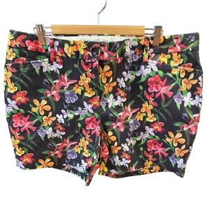 Lands End Womens 18P Shorts Black Tropical Orchid Floral Mid Rise Chino Petite